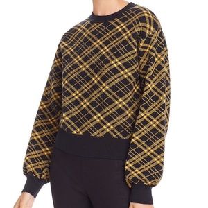 NWT! AQUA Black/Yellow Plaid Long Balloon Sleeve Crew Neck Sweater - Small